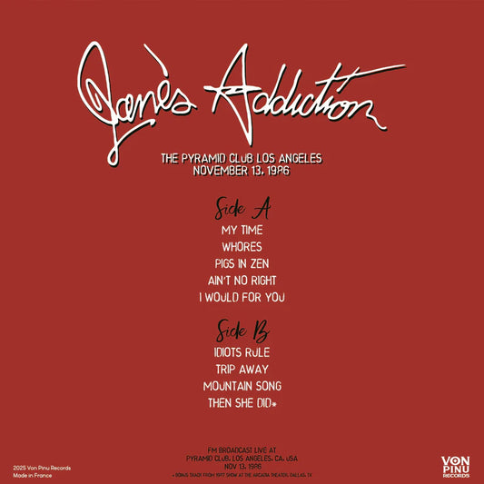 Jane's Addiction “The Pyramid Club: Los Angeles 11/13/1986” LP